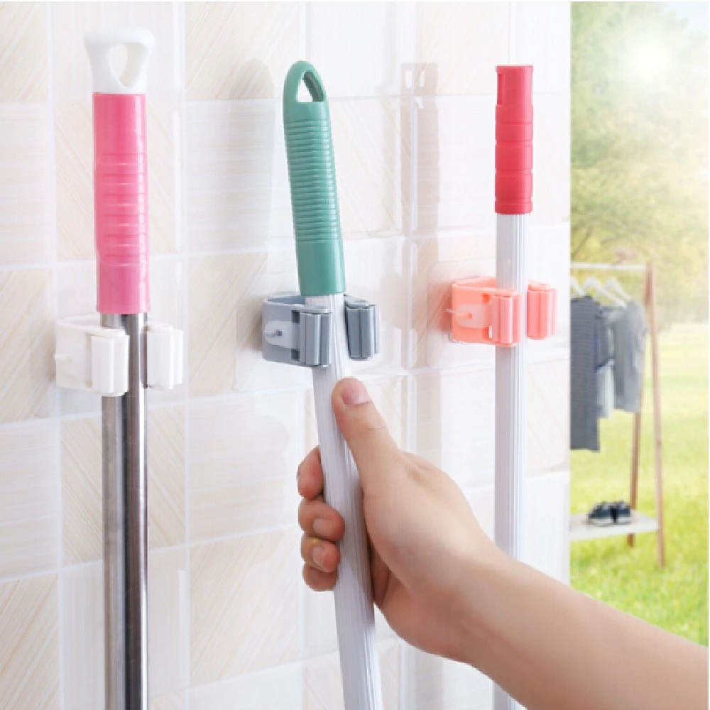 ที่แขวนไม้กวาด ที่แขวนไม้ถูพื้น 4 สีตัวเลือกกาวตนเองหลายวิธีการแขวน Mop ร่มเครื่องครัว