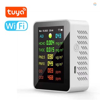 {fash} Tuya เครื่องวัดคุณภาพอากาศ คาร์บอนไดออกไซด์ แบบพกพา 7in1 PM2.5 PM10 TVOC HCHO AQI TFT พร้อมเวลา และวันที่