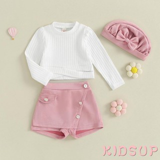 Kidsup1- ชุดเสื้อคอกลม แขนยาว และกางเกงขาสั้น 3 ชิ้น สําหรับเด็กผู้หญิง