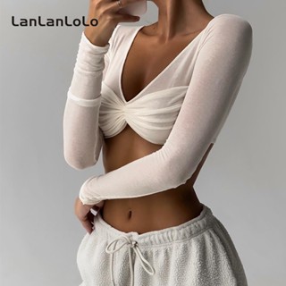 Lanlanlolo เสื้อครอปแขนยาวลําลอง คอวี เข้ารูป เซ็กซี่ สีพื้น แฟชั่นสําหรับผู้หญิง 2023