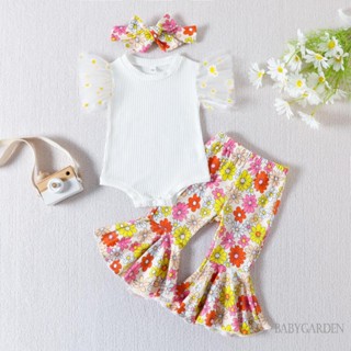 Babygarden-0-24m ชุดรอมเปอร์ คอกลม แขนตาข่าย สีขาว และกางเกงขาบาน ลายดอกไม้ และที่คาดผม แฟชั่นฤดูร้อน สําหรับเด็กผู้หญิง