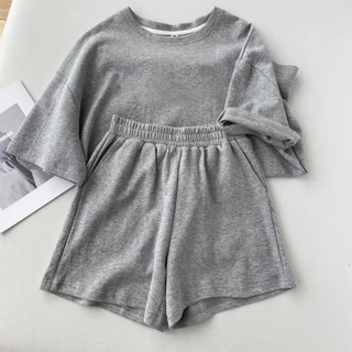 สีทึบ ชุดเซ็ท2ชิ้น เสื้อยืดคอกลม-กางเกงขาสั้นเอวยืด สีพาสเทล น่ารักมากๆ ใส่สบาย ได้ทุกล