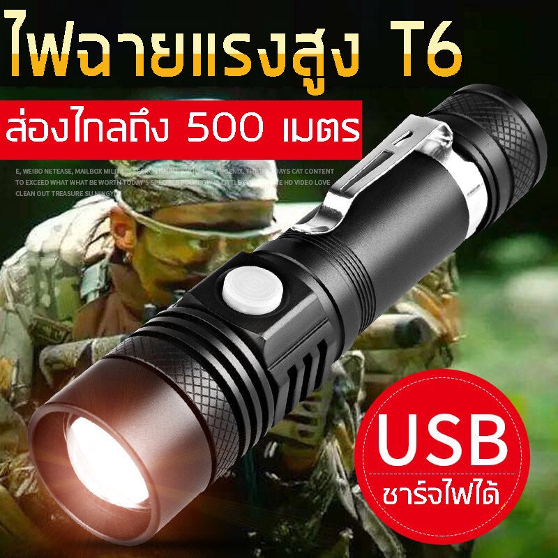 ไฟฉาย LED ไฟฉายแรงสูง กระทัดรัด ส่องไกล ซูมได้ แบตเตอรี่ลิเธียม ชาร์จไฟ USB ทนทาน กันน้ำ PL-518