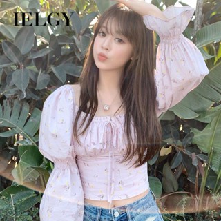 IELGY เสื้อเชิ้ตแขนพัฟ คอปก ลายดอกไม้ ขนาดเล็ก แฟชั่นสําหรับผู้หญิง