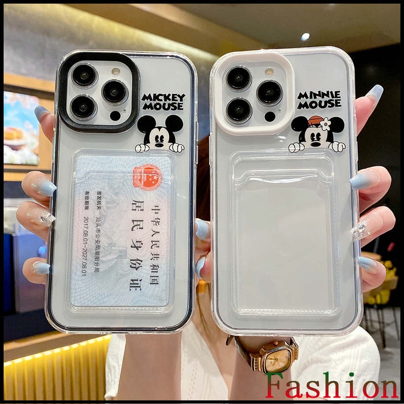 เปลือกอ่อน + ขอบแข็ง การ์ตูน มิกกี้ มินนี่ กรณีโทรศัพท์มือถือที่สามารถใส่บัตร ใส compatible for iPhone11 12 13 14 Pro max 6 7 8 plus xr xs max case