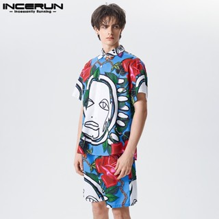 Incerun เสื้อแขนยาว พิมพ์ลายกราฟฟิตี้ + กางเกงลําลอง