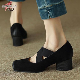 QiaoYiLuo  Retro Thick Heel Mary Jane รองเท้าผู้หญิง Cross Strap แฟชั่นส้นกลาง Dance รองเท้าเดี่ยว