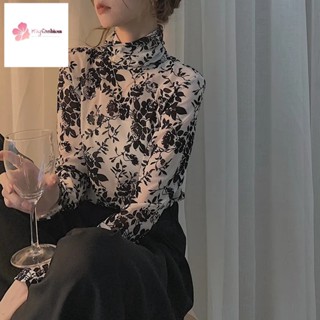 เสื้อยืดแขนยาว ผ้าโปร่งซีทรู คอสูง สีดํา แฟชั่นฤดูใบไม้ร่วง