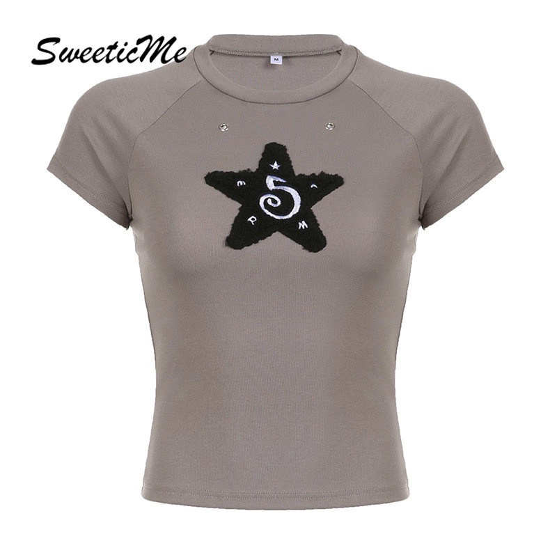 Sweeticme ใหม่ เสื้อยืดลําลอง แขนสั้น คอกลม เข้ารูป เข้ากับทุกการแต่งกาย แฟชั่นสําหรับสตรี 2023