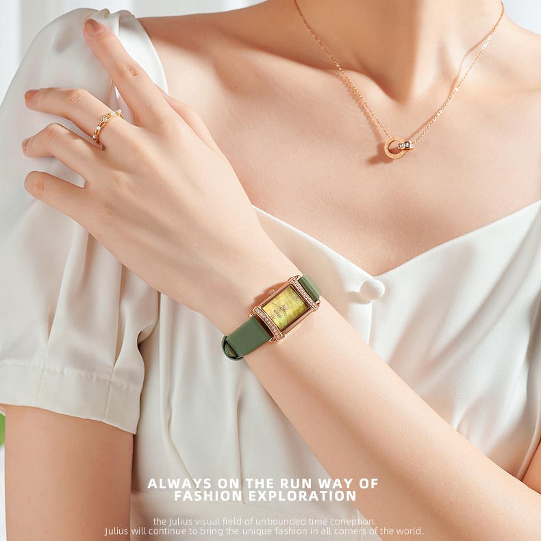 Julius เวอร์ชั่นเกาหลีแฟชั่น Retro Zircon Square Elegant Pearl Shell นาฬิกาผู้หญิงเข็มขัดนาฬิกากันน้ําผู้หญิง 1366 && - &