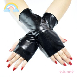 June ถุงมือหนัง Pu สีดํา สไตล์โกธิคพังก์ ฮาโลวีน เต้นรํา ฮิปฮอป คอสเพลย์ สําหรับผู้ชาย ผู้หญิง