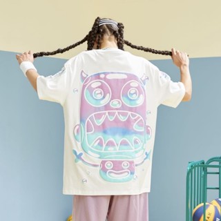 เสื้อยืดผ้าฝ้ายพิมพ์ลายCALMMIND BUBBLE MONSTER WHITE SHORT SLEEVE OVERSIZE T-SHIRT - S