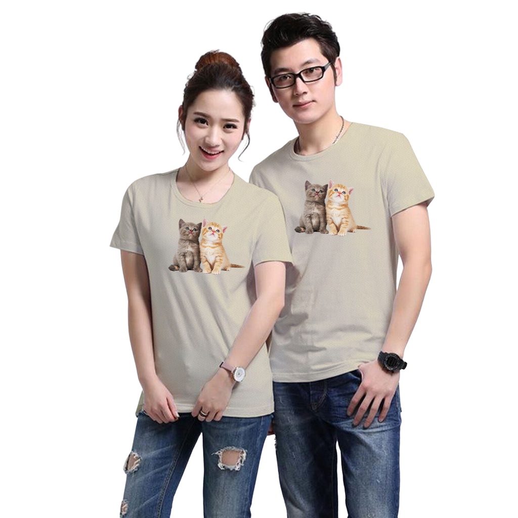 เสื้อยืดสกรีน ลายน้องแมวคู่น่ารัก 5สี เสื้อยืดวินเทจ ผ้าCotton100% ใส่สบาย