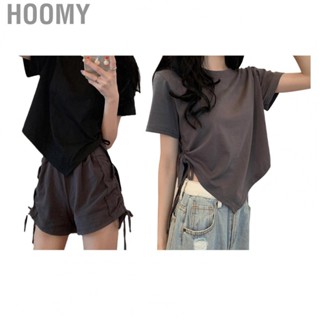 Hoomy Women Shirt Top  Irregular Breathable Simple Women Short Sleeve Top Drawstring  for Dating for Summer