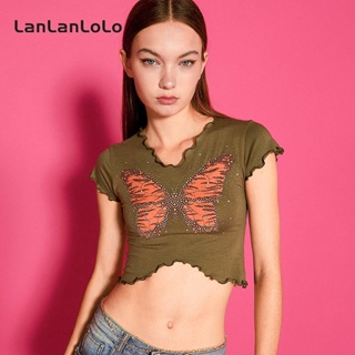 Lanlanlolo เสื้อยืดลําลอง แขนสั้น คอกลม พิมพ์ลาย สําหรับสตรี 2023