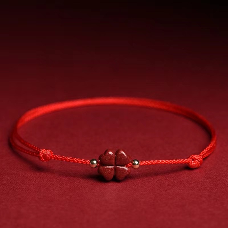 สร้อยข้อมือเชือกโคลเวอร์สี่ใบชาดสีแดงหญิงที่ทําด้วยมือทอสร้อยข้อมือคู่โชคดี