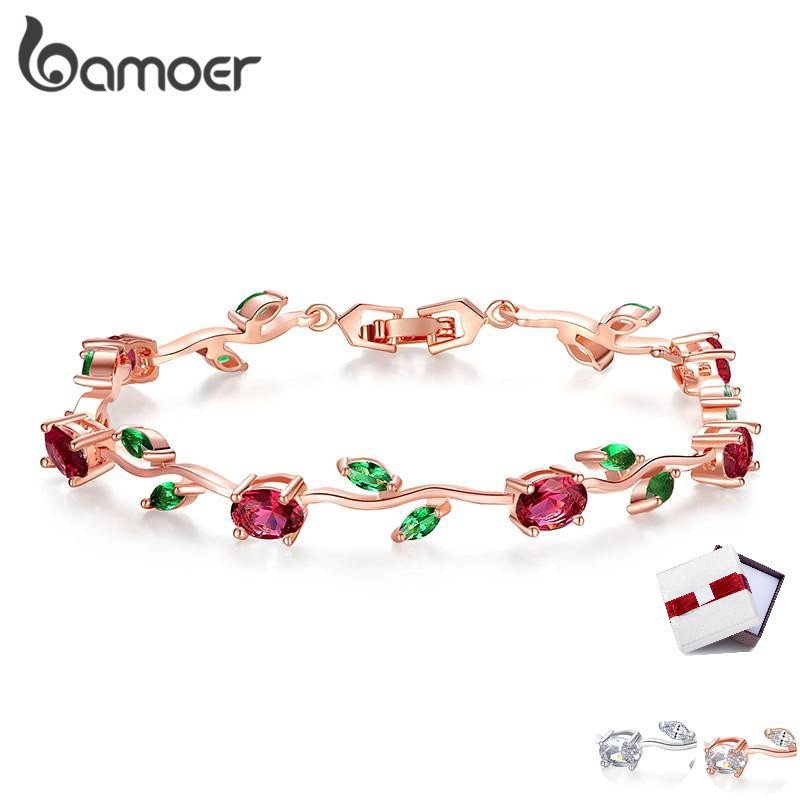 Bamoer สร้อยข้อมือใบไม้สีโรสโซ่และสร้อยข้อมือพร้อมเพทาย AAA สีแดง เขียวสำหรับเครื่องประดับของขวัญแม่