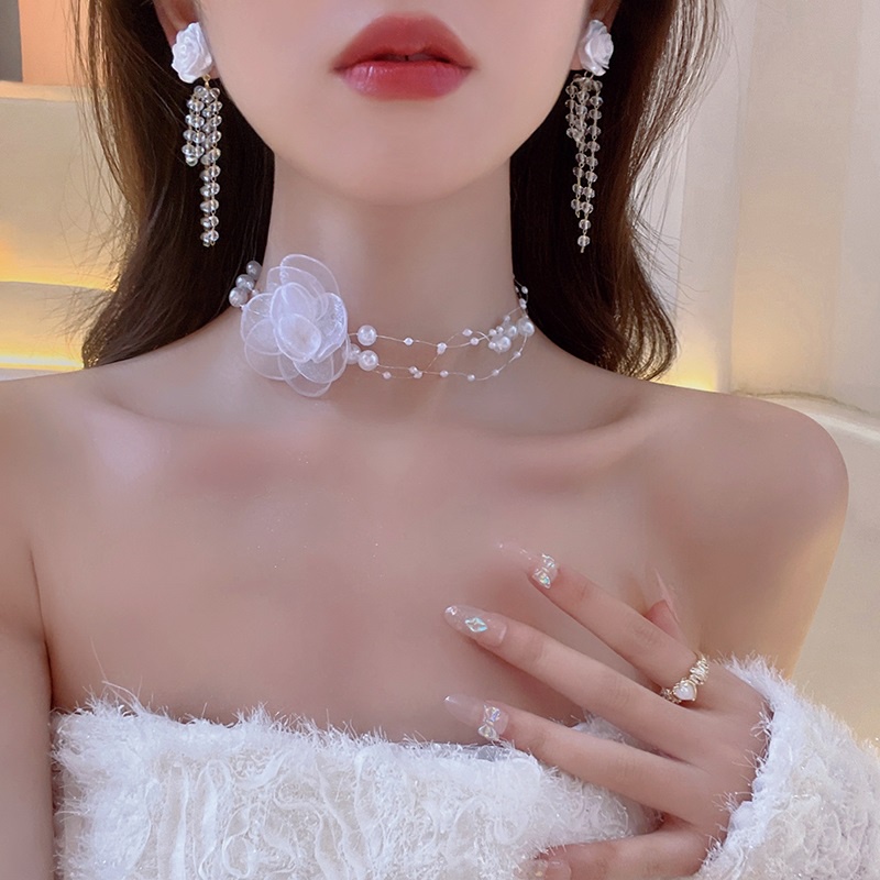 สร้อยคอโชคเกอร์ ประดับมุก 17 กม. สําหรับผู้หญิง ลูกไม้ ดอกไม้ กระดูกไหปลาร้า สร้อยคอโซ่ เครื่องประดับ