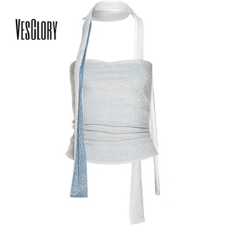 VesGlory Women Crop Top 2023 Stylish New One Shoulder Slim Fit Color-block Versatile Small Vest