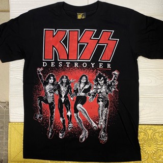 เสื้อยืดแขนสั้น พิมพ์ลายวงร็อค Kiss สีดํา