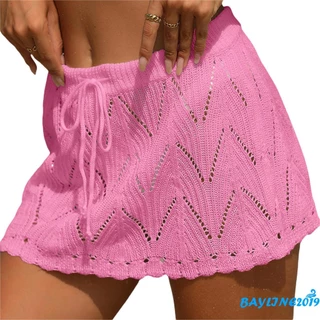 (จัดส่งในกรุงเทพฯ)-women โครเชต์ Cover Up กระโปรงฤดูร้อน Drawstring เอวสูง Beach Coverups ถักกระโปรงมินิ
