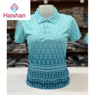 Haishan เสื้อโปโลลายขอ(หญิง) ผ้ายืด เสื้อลายขอพิมพ์ เนื้อผ้ายืดใส่สบาย