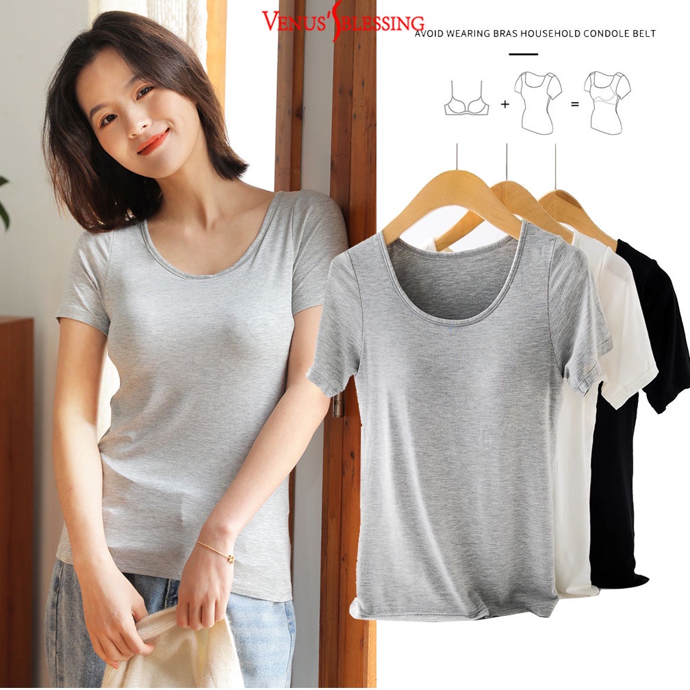 ชุดนอน บรา พร้อมแผ่นปิดหน้าอก เสื้อยืด สําหรับสตรี ไซซ์ M-3XL