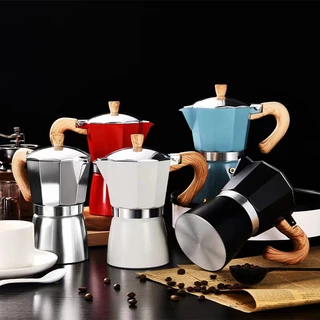 Moka Pot กาต้มกาแฟสดพกพา รุ่นหนา หม้อต้มกาแฟ ทรงแปดเหลี่ยม หูจับลายไม้ มีหลายสี
