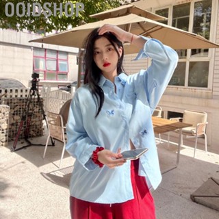 Ooidshop Button Up Top  Casual Long Sleeve Butterfly Decor Women Shirt Polyester  for Work