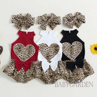 Babygarden-0-18 เดือน ชุดเสื้อผ้าเด็กผู้หญิง ลายเสือดาว หัวใจ แขนกุด ผ้าถัก เสื้อกล้าม + กางเกงขาสั้น ประดับโบว์ + ที่คาดผม