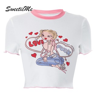 Sweeticme ใหม่ เสื้อยืดครอปลําลอง คอกลม แขนสั้น พิมพ์ลาย แฟชั่นสําหรับสตรี 2023