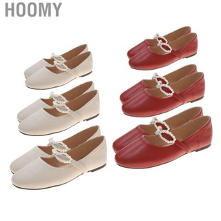 Hoomy Round Toe Flat Leather Shoes  Ankle Strap Elegant Sweat Absorption Pearl Flat Shoes Breathable  for Dating