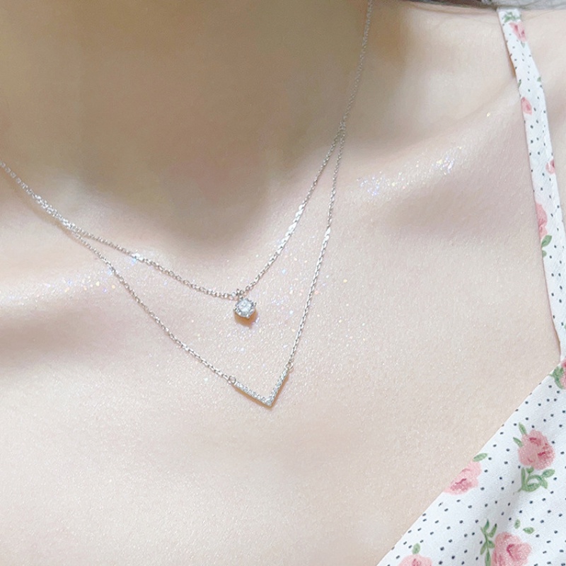 สร้อยคอเงิน 925 จี้คริสตัล รูปตัว V สองชั้น ประดับเพทาย เครื่องประดับ ของขวัญ สําหรับผู้หญิง