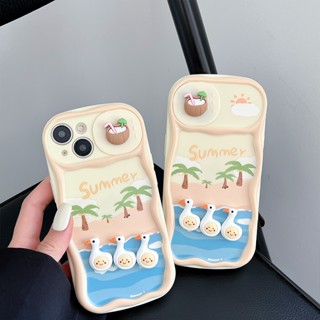 เคสโทรศัพท์มือถือ ขอบหยัก ลายต้นมะพร้าว เป็ดว่ายน้ํา สําหรับ iPhone 14 Pro Max 14Pro 14 13 Pro Max 12 Pro Max 11