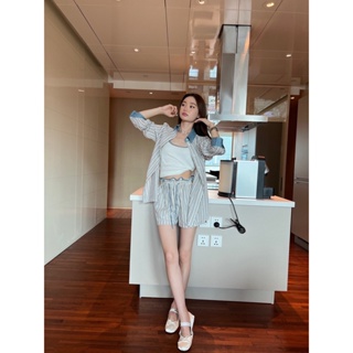 O1OE CEL * N 23 Spring/Summer New jacquard stitching denim shorts handmade lace waist shirt vertical stripe casual suit