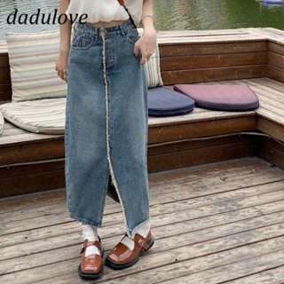 DaDulove💕 New Korean Version of INS Raw Edge Slit Denim Skirt Niche High Waist A- line Skirt Bag Hip Skirt