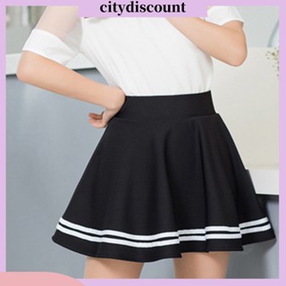 &lt;citydiscount&gt; กระโปรงพลีทสั้น เอวสูง ลายทาง สีพื้น แฟชั่นสําหรับสตรี