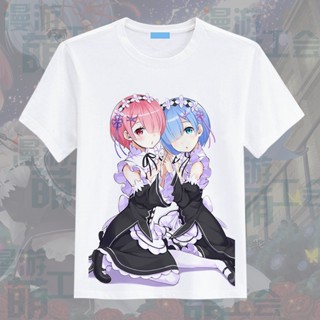 Re:zero เสื้อยืดแขนสั้นพิมพ์ลายอนิเมะ Rem Ram เสื้อยืดแขนสั้นผ้าฝ้ายพิมพ์ลาย