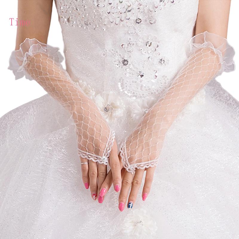 ถุงมือเจ้าสาว ผ้าตาข่าย ลูกไม้ ยาวถึงข้อศอก ไม่มีนิ้วมือ สําหรับผู้หญิง งานแต่งงาน ปาร์ตี้