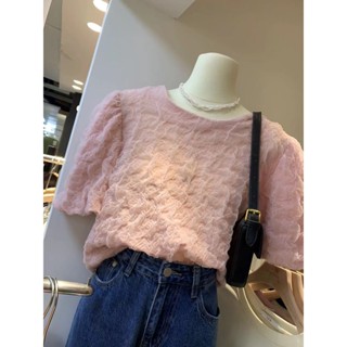 Vintage Three-dimensional Rose Petal Lace Hollow Round Neck Puff Sleeve Top Womens 2023 Summer New Western Style Shirt