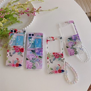 เคสโทรศัพท์มือถือ แบบแข็ง ฝาพับ ลายดอกไม้ไฮเดรนเยีย สีแดง พร้อมสายคล้องมือ สําหรับ Samsung Galaxy Z Flip 5 4 3 2 1 5G Z Flip3 Flip4 Flip5 Flip2