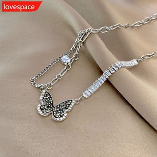 Lovespace สร้อยคอโซ่ โลหะผสม จี้ผีเสื้อ ประดับเพทาย สีดํา B6T2