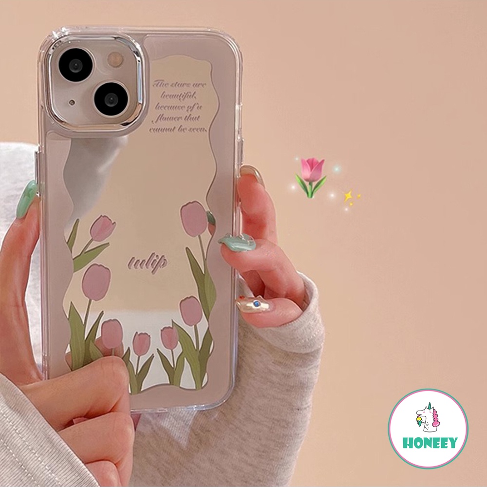 เคสโทรศัพท์มือถือกระจกแต่งหน้า ลายดอกทิวลิป สีม่วง สําหรับ iPhone 15 14 13 12 12Pro 13 Pro Max 11 Pro Max Xr Xs