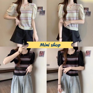 Mini shop🌸พร้อมส่ง🌸 (C630) เสื้อถักไหมพรม ลายดอกไม้ แขนสั้น คอกลมแขนพองๆ -C