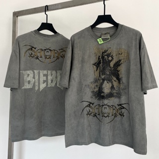 เสื้อยืดแขนสั้น อเนกประสงค์ ลาย Justin Biebers Tour of "Rock Evil" สีเทา สําหรับผู้ชาย