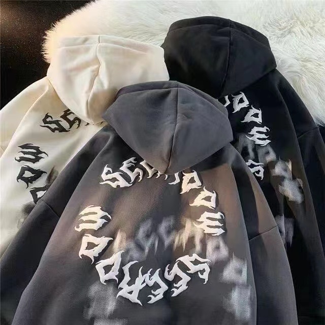 เสื้อแจ็กเก็ตแขนยาว มีฮู้ด ผ้ากํามะหยี่ พิมพ์ลายตัวอักษร ทรงหลวม ขนาดใหญ่ แฟชั่นฤดูใบไม้ร่วง และฤดูหนาว สไตล์อเมริกัน สําหรับผู้ชาย และผู้หญิง