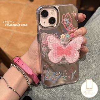 เคสโทรศัพท์มือถืออะคริลิค ชุบโลหะ ลายการ์ตูนผีเสื้อ พร้อมขาตั้ง หรูหรา สําหรับ IPhone 14 11 13 12 Pro Max 11Pro 14Pro Max