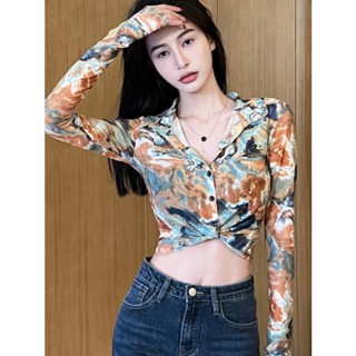 เสื้อโปโลแขนยาว คอปก เอวแคบ สีมัดย้อม แฟชั่นฤดูร้อน สําหรับผู้หญิง