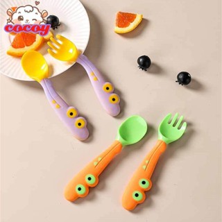 Cocoy ชุดช้อนส้อมเด็ก Bent Handles Soft Pp Self Eating Training เด็กวัยหัดเดิน Feeding Utensils Kit Soft Spoon Twist Twist Spoon