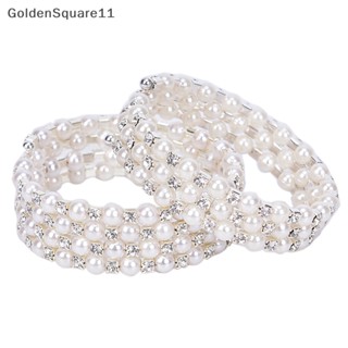 Goldensquare กําไลข้อมือ สร้อยข้อมือ ประดับมุกคริสตัล หลายชั้น ยืดหยุ่น กว้าง เครื่องประดับ